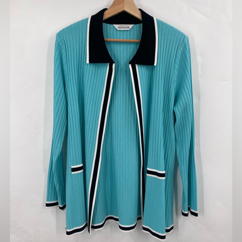 Misook Cardigan Sweater Open Front Cardigan Small turquoise black & White